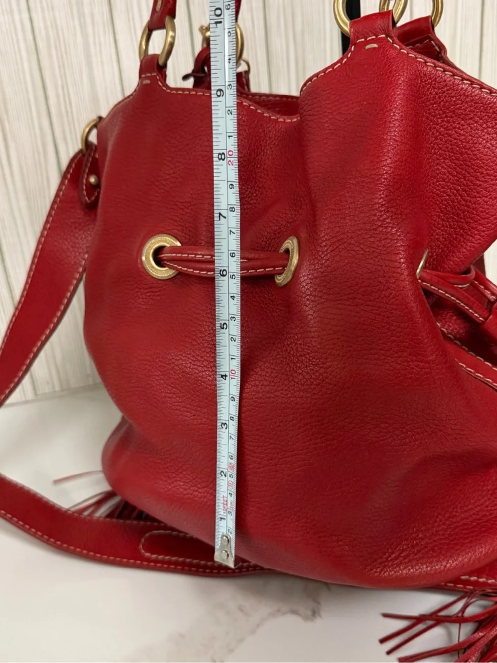 Lancel Red Pebbled Leather Shoulder Bag with Tassel Details - Picture 11 of 13